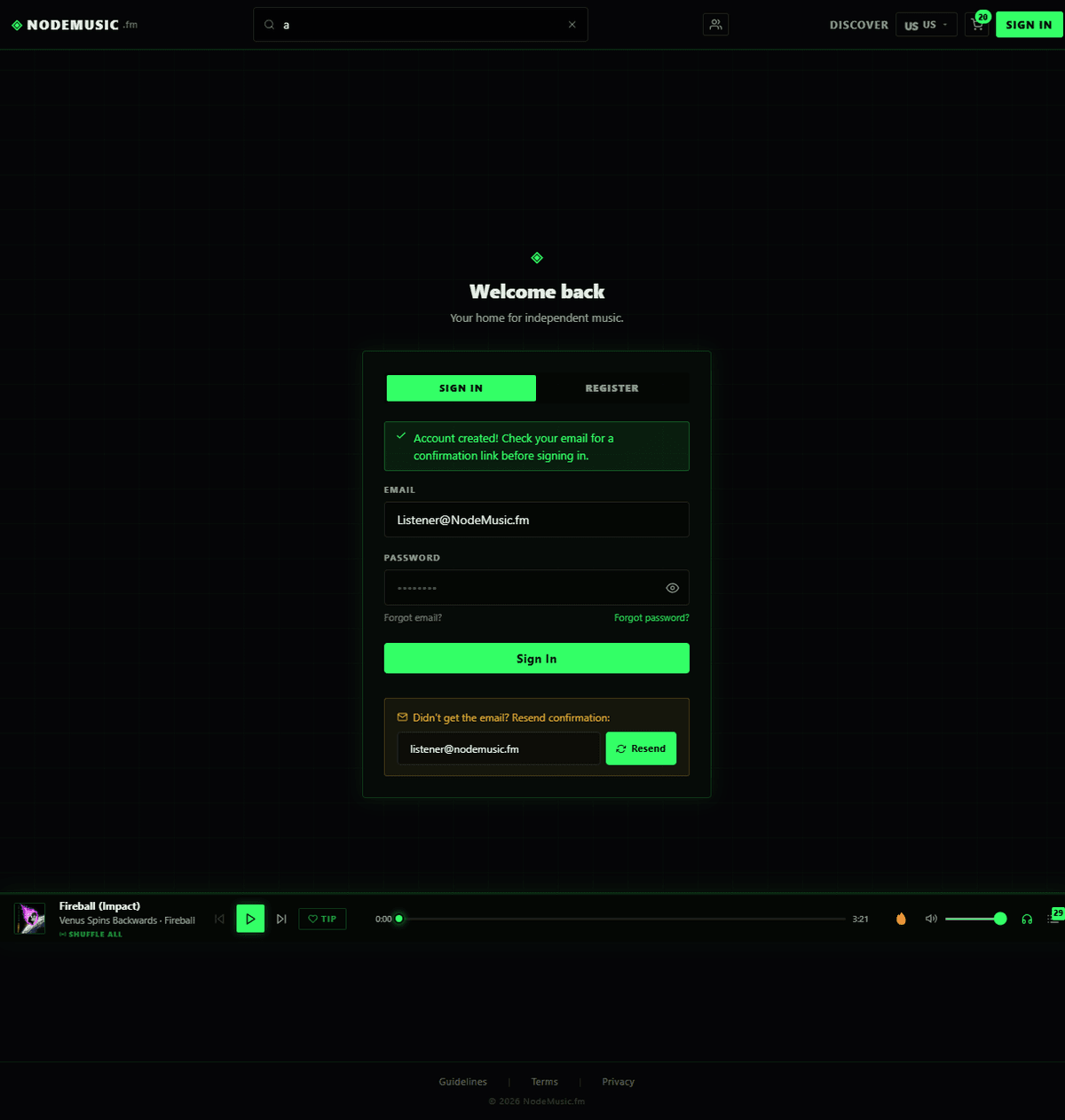 Artist account dashboard