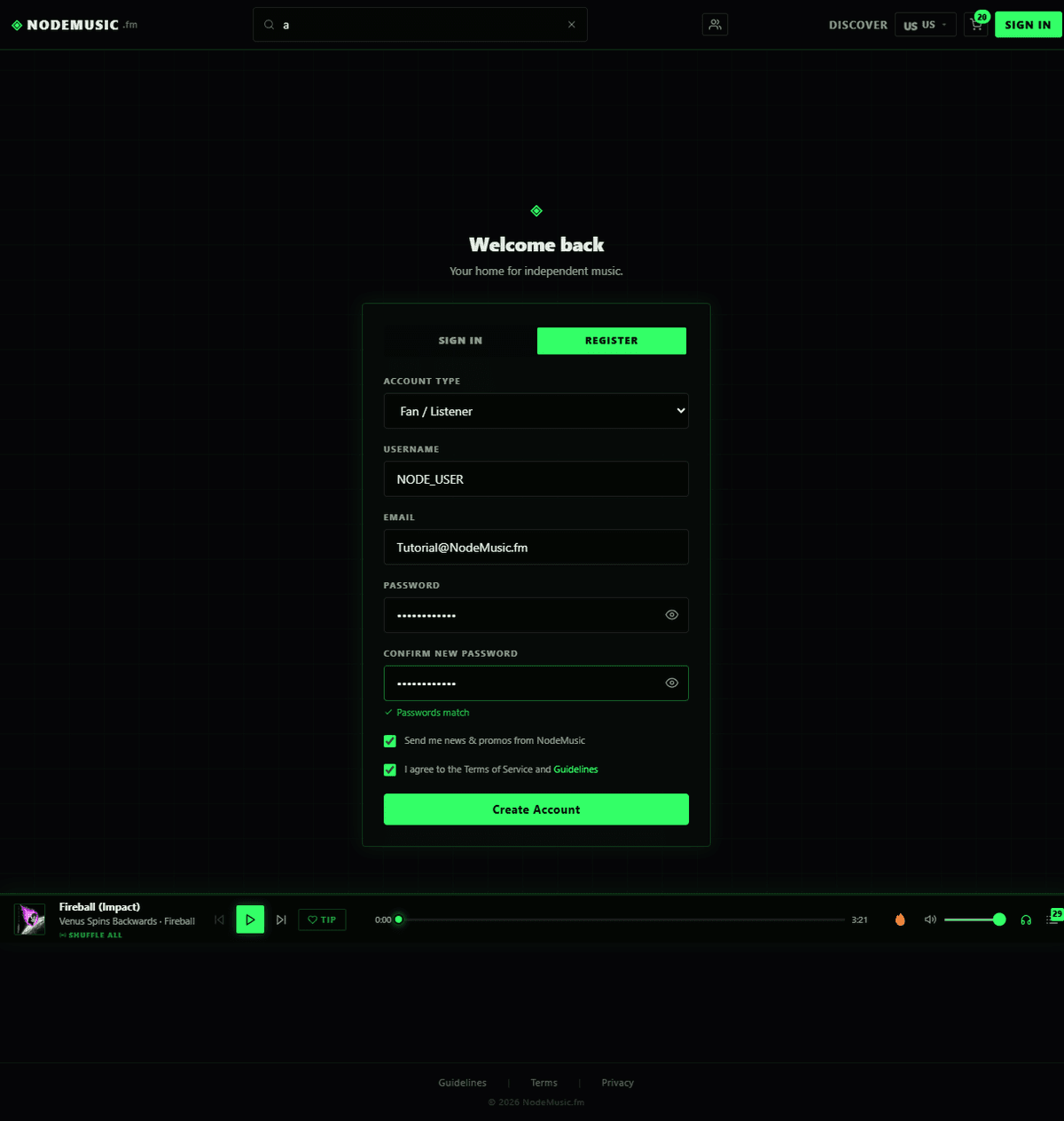 Listener account dashboard