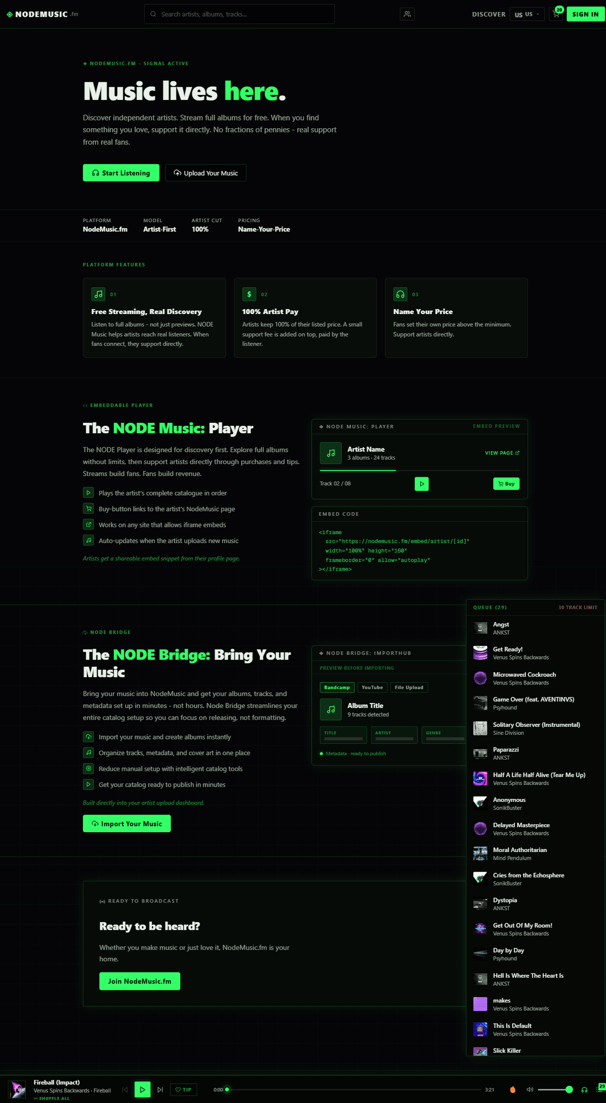 NODE Music homepage with Welcome Radio queue